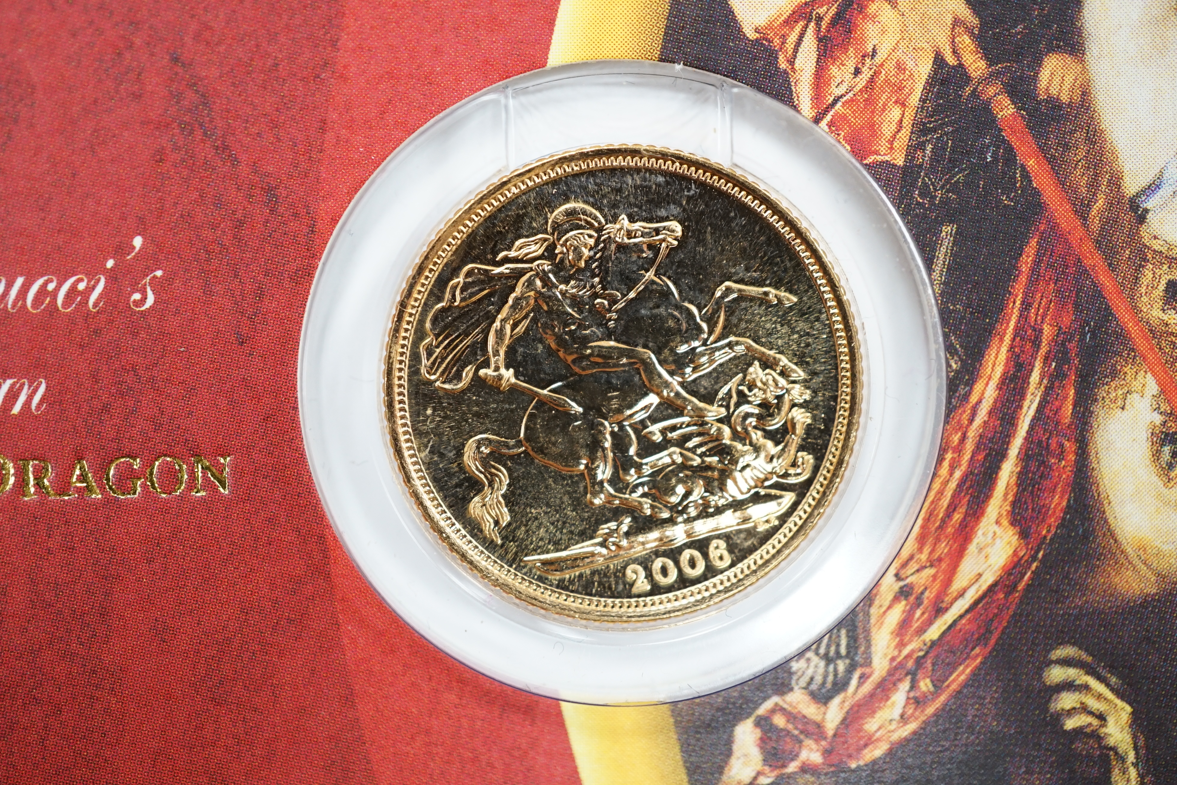 British gold coins, Elizabeth II, 2006 gold bullion sovereign St. George & The Dragon, BUNC, with Royal Mint card